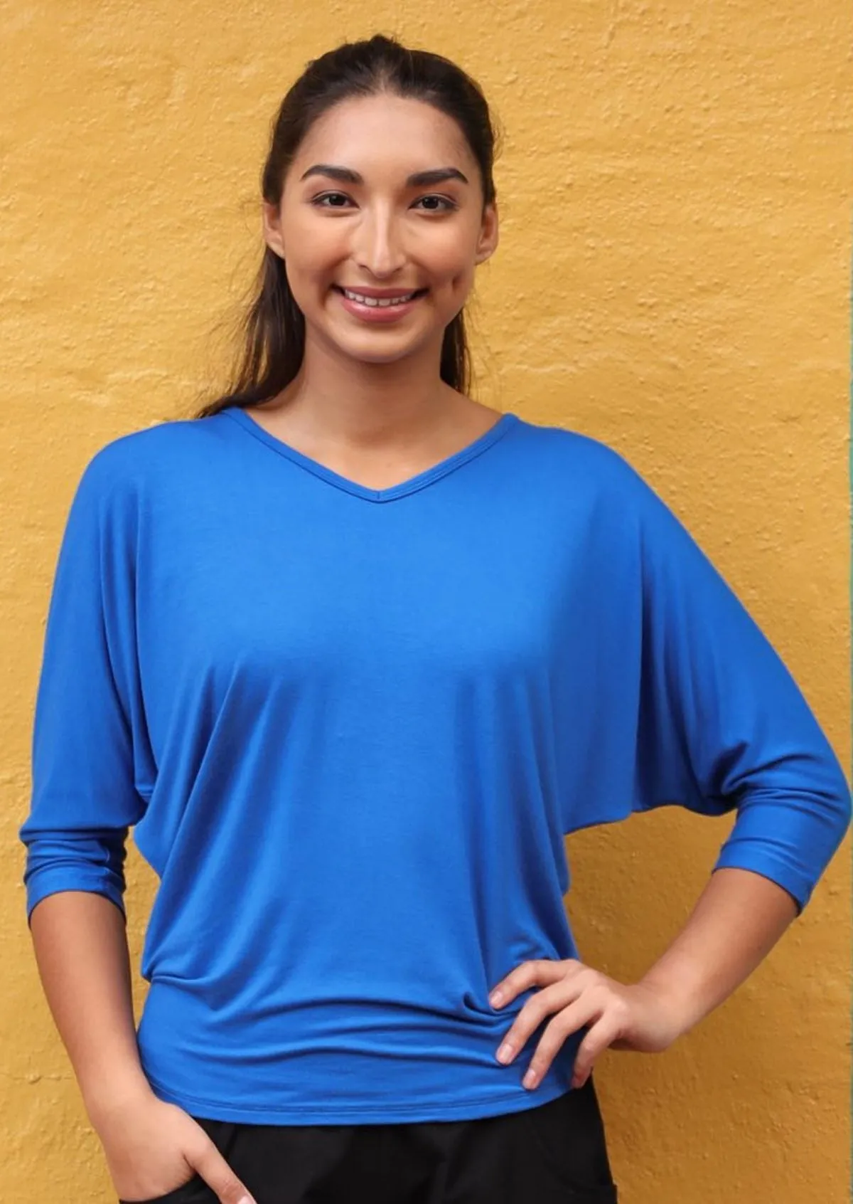 3/4 Sleeve V-neck Batwing Top Electric Blue Movie Drawing