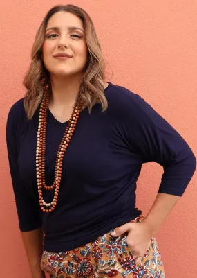 3/4 Sleeve V-neck Batwing Top Navy Blue Neutral