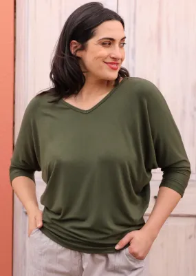 3/4 Sleeve V-neck Batwing Top Olive Chiffon