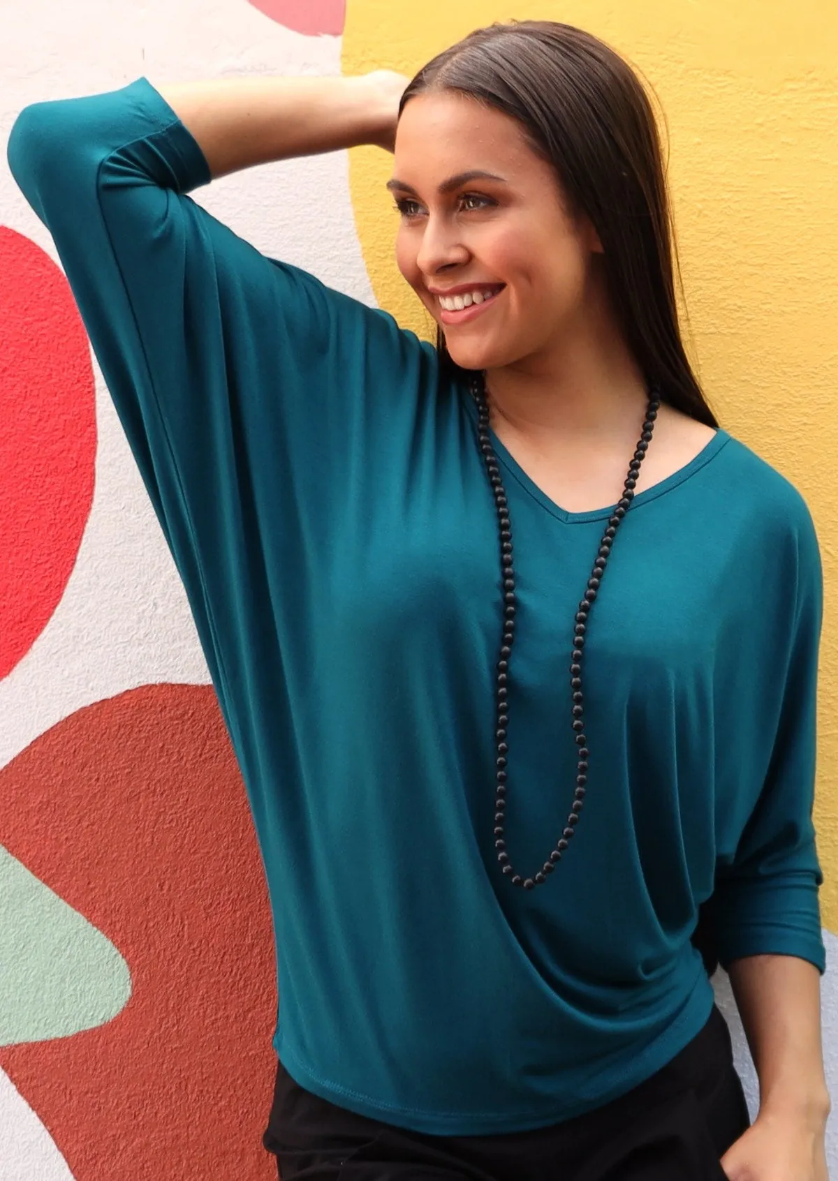 3/4 Sleeve V-neck Batwing Top Teal Sneakers Moisture Wicking Technology