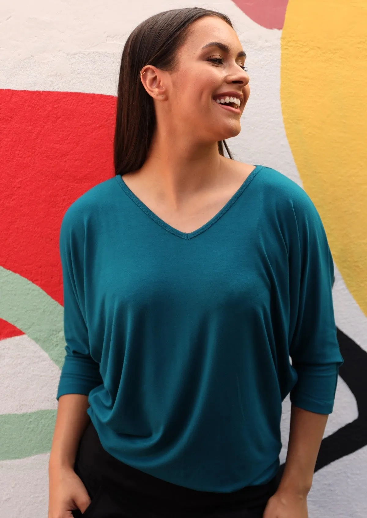 3/4 Sleeve V-neck Batwing Top Teal Slippers Sleepwear