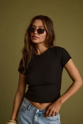 Abby Black Ribbed Crew Neck Tee Fray Resistant Edges