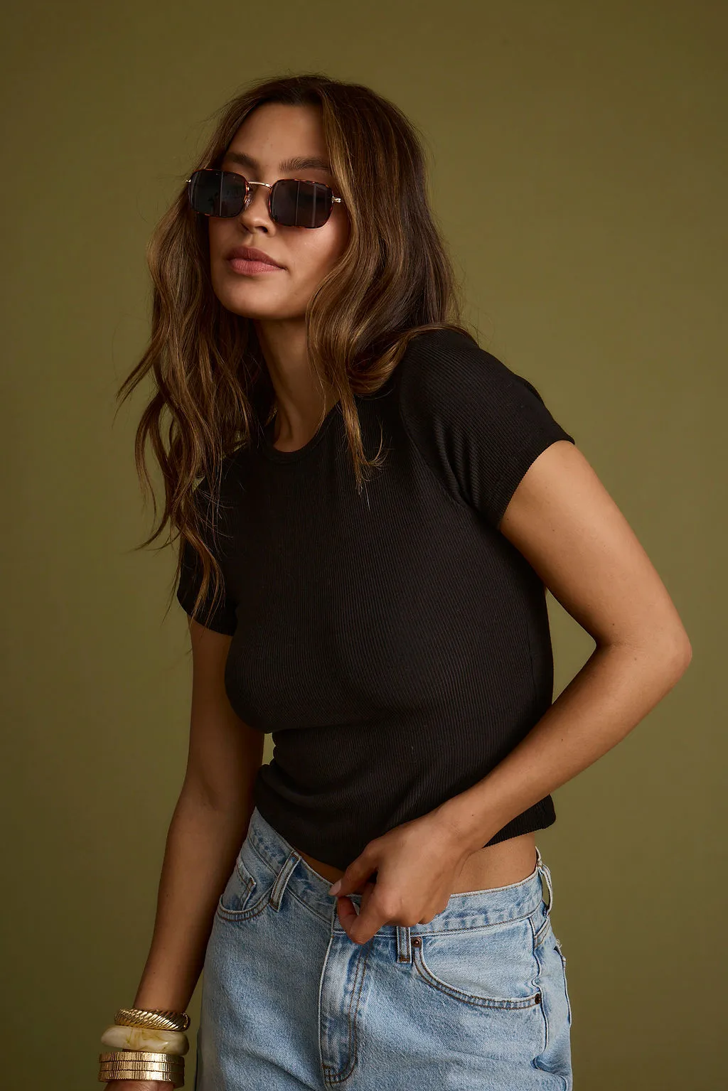 Abby Black Ribbed Crew Neck Tee Layered Neckline Details
