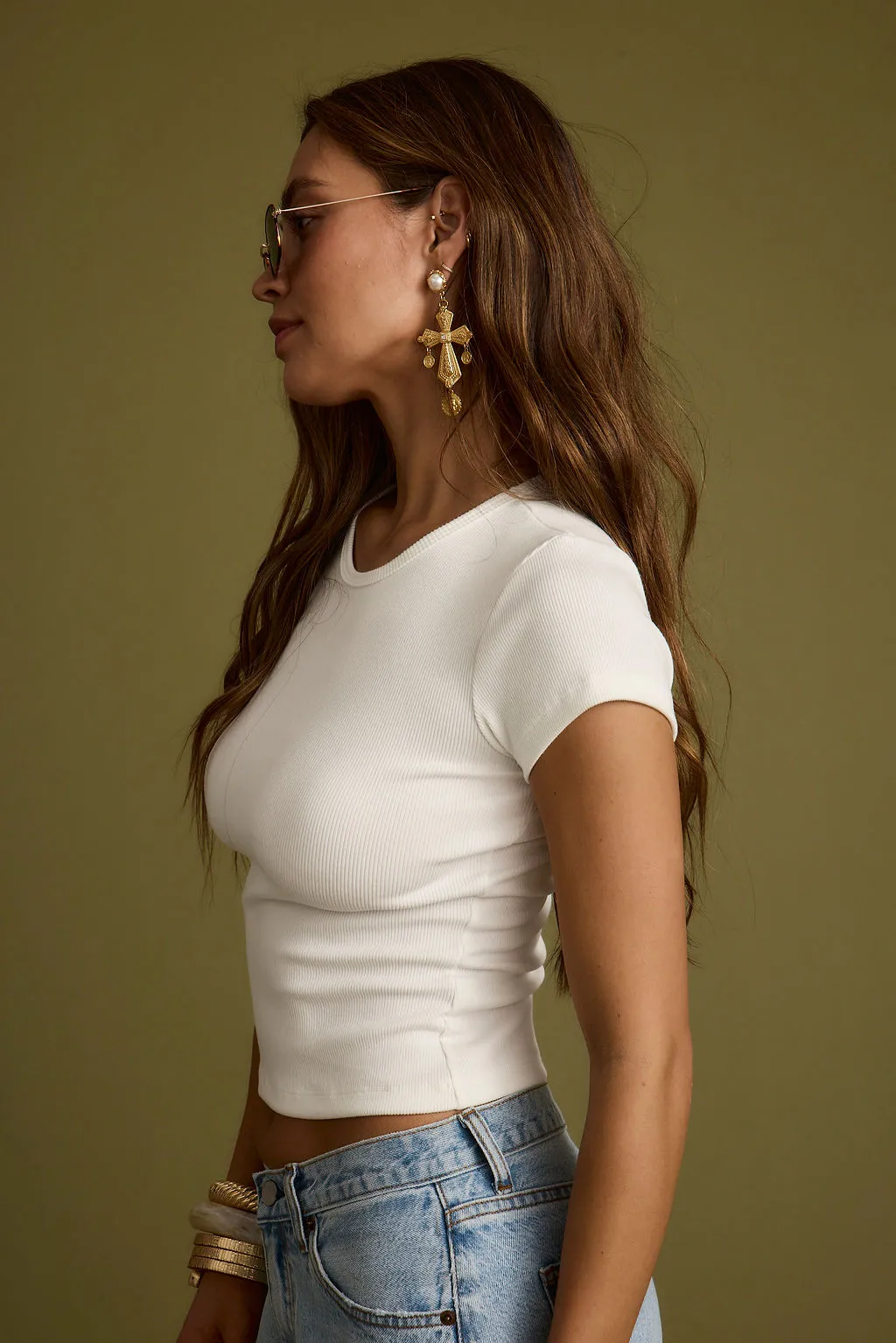Abby White Ribbed Crew Neck Tee BoxyCrop Multi Directional Mobility