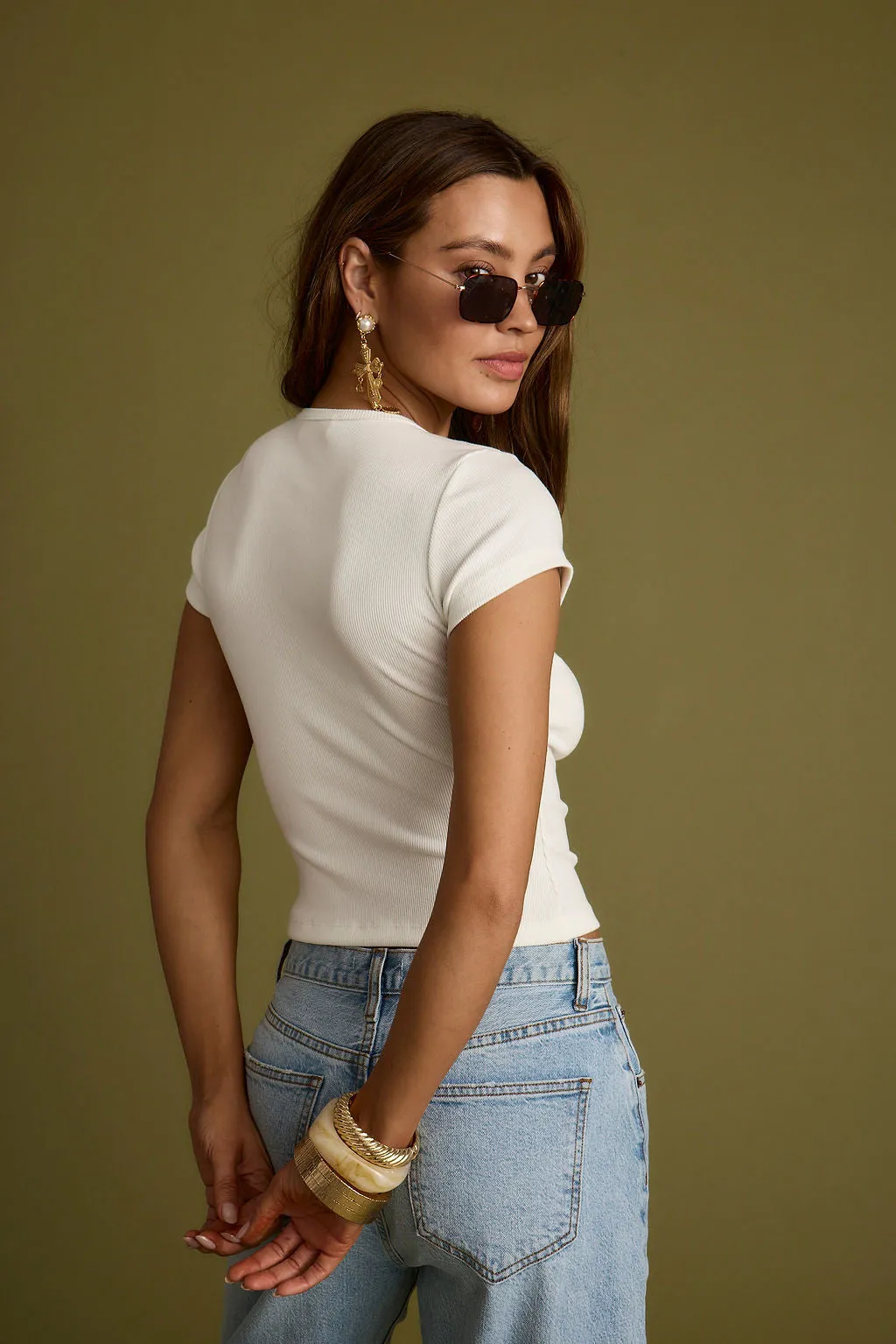 Recycled Material Blend Abby White Ribbed Crew Neck Tee