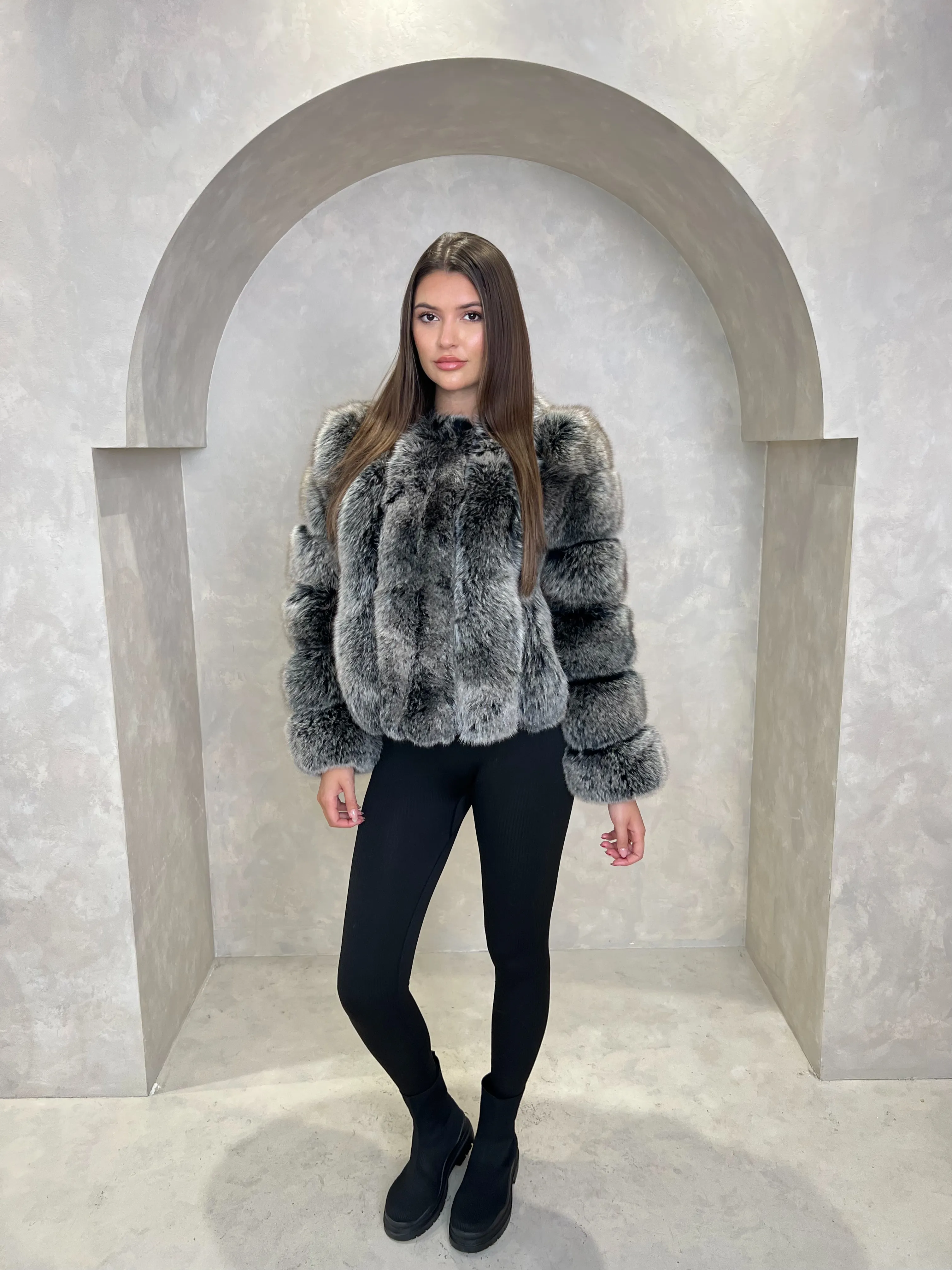 Hidden Storage Compartment Two Tone Luxury Fur Vertical Pelt Coat
