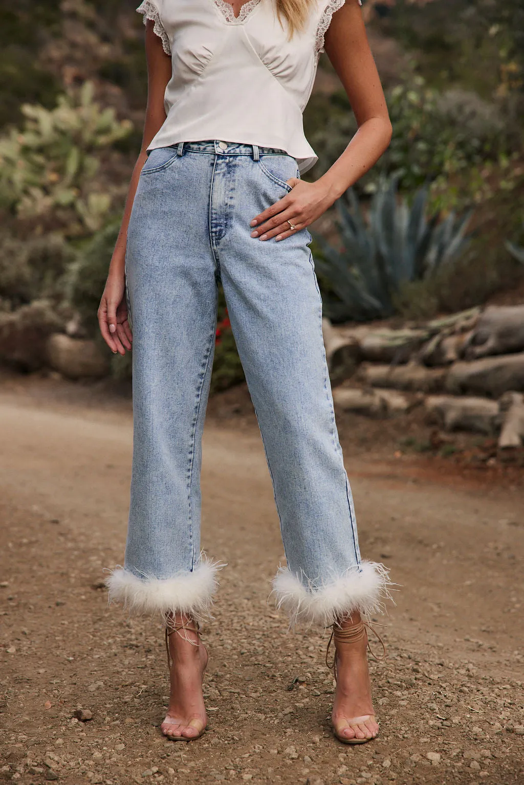 Addison Faux Feather Trim Jeans Anti Pilling Surface Full Comfort