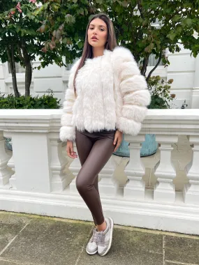 Cream Vertical Design Faux Fur Coat Cold Season