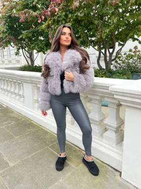 Heat Sealed Zippers Light Grey Premium Faux Fur Collared Jacket