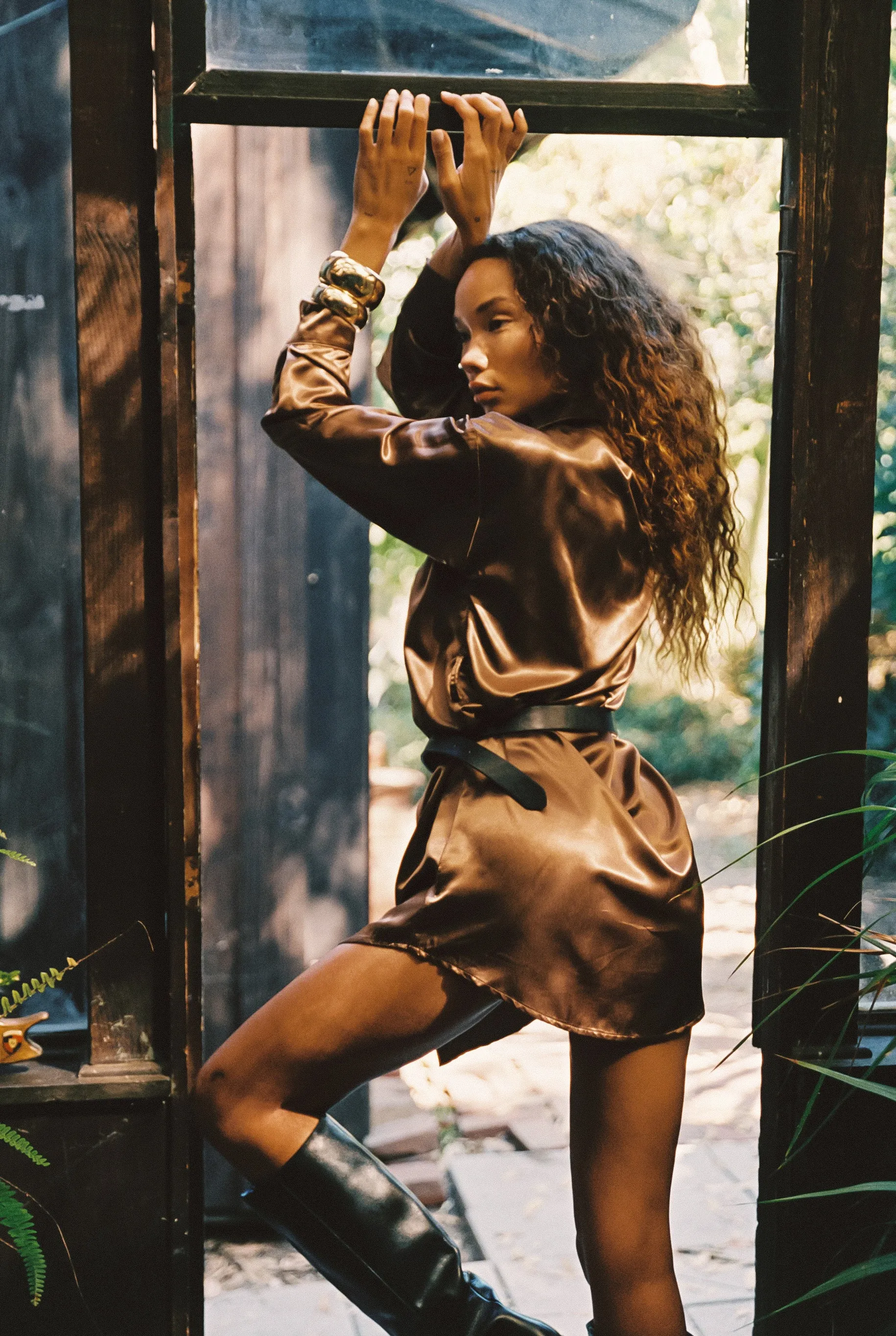 Korean Mood After Dark Bronze Metallic Satin Mini Dress