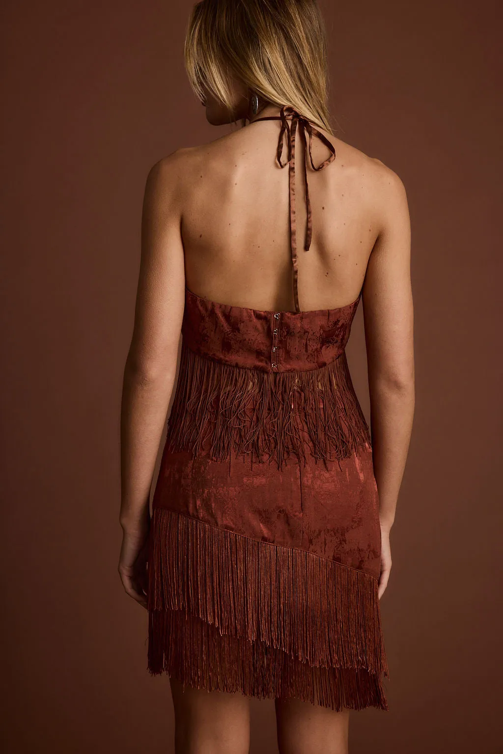 Airflow Mesh Panel Tamsin Terracotta Jacquard Fringe Crop Top