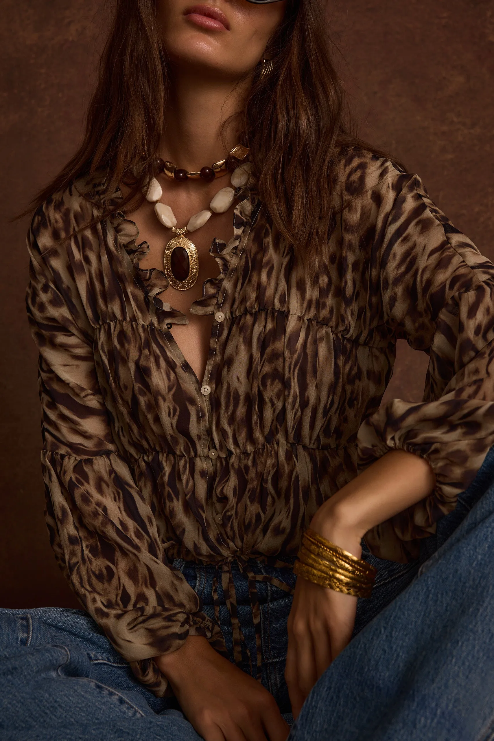 Daily Wear Alba Leopard Chiffon Long Sleeve Blouse