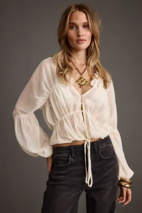 Non cuffed edge Flat Alba White Chiffon Long Sleeve Blouse