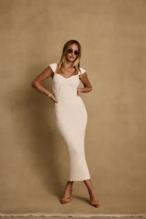 Alessia Cream Cap Sleeve Knit Midi Dress Layering Comfort Luxury-Fabric