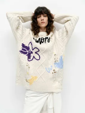 Graffiti Distressed Knit Sweater Comfy Knit Look