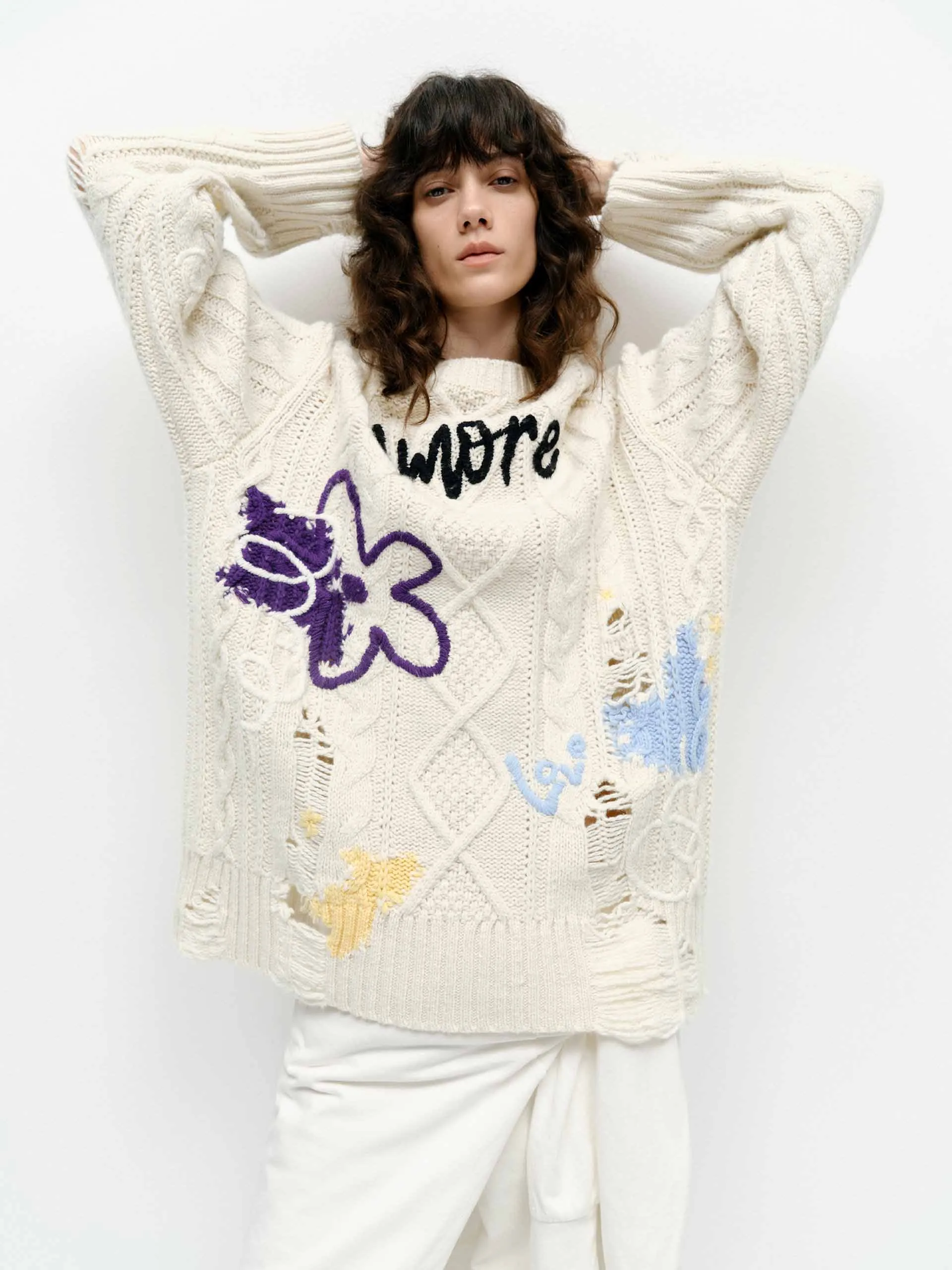 Graffiti Distressed Knit Sweater Comfy Knit Look