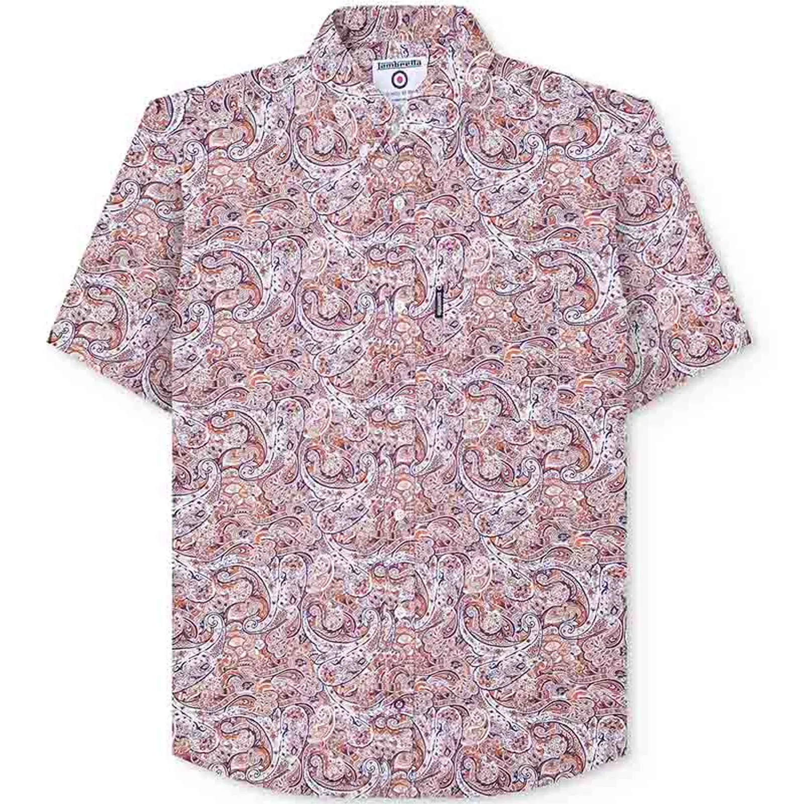 Lambretta Mens Paisley Mod Short Sleeve Button Down Shirt - Rust/White Adjustable Hem