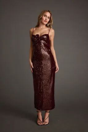 Music-Concert Sage Glow All For You Merlot Sequin Rosette Midi Dress