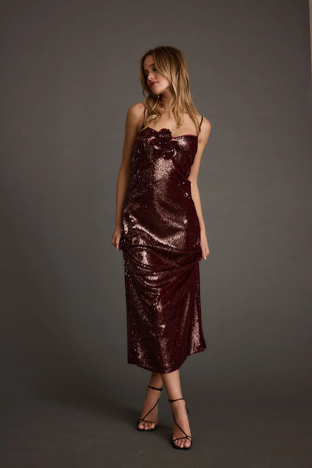 Office Friendly Light Fit All For You Merlot Sequin Rosette Midi Dress