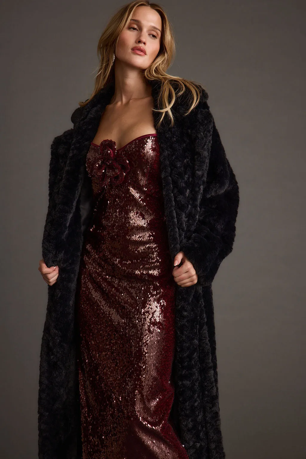 All For You Merlot Sequin Rosette Midi Dress Flare Hem