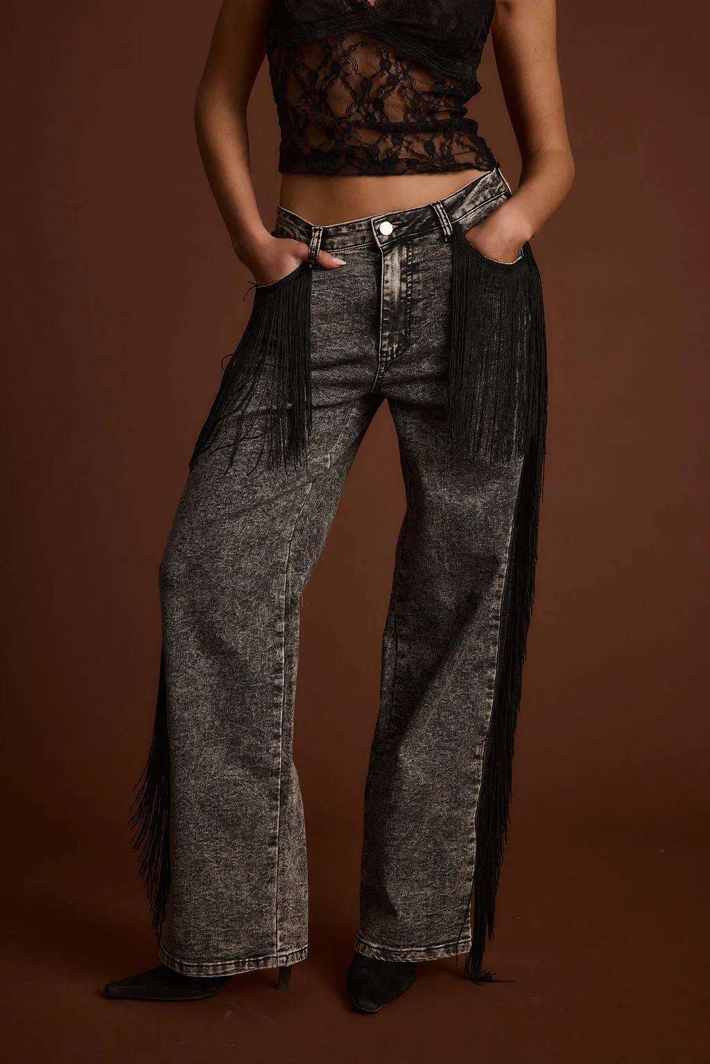 Colt Washed Black Fringe Denim Pants Winter Warmth Festival Outfit Outdoor Adventure Work Ready Lightweight Textured