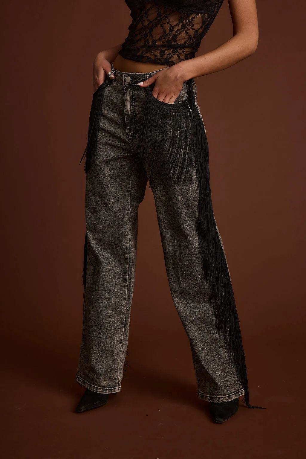 Colt Washed Black Fringe Denim Pants Timeless Option Universal Fit Sizing