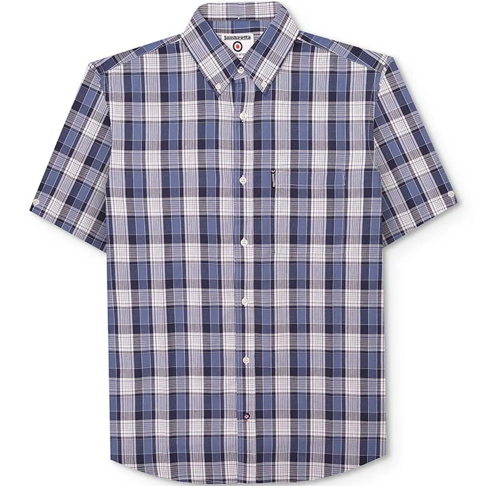 Lambretta Mens Short Sleeve Cotton Check Button Down Collar Shirt - Navy/White Weekend Style Button front