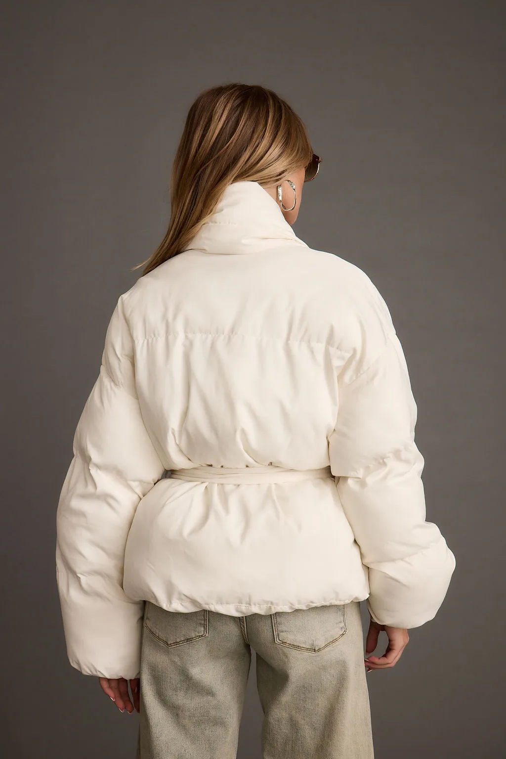 Maverick White Belted Puffer Coat Collared neck