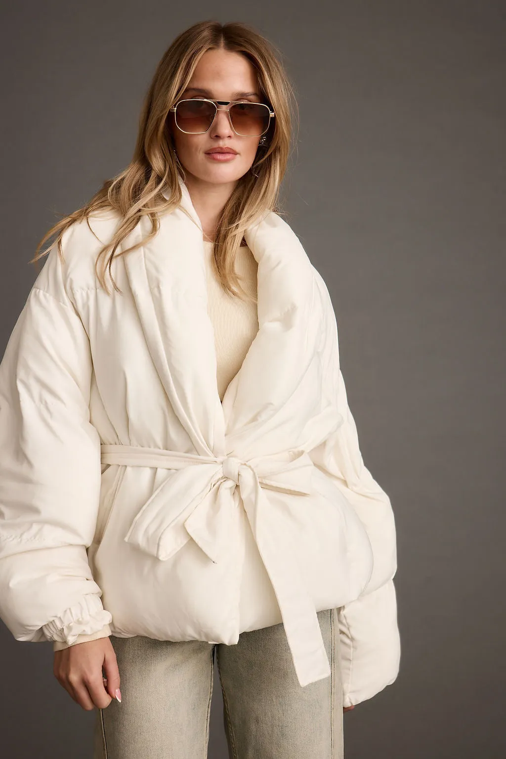 Spice Wallpaper Maverick White Belted Puffer Coat