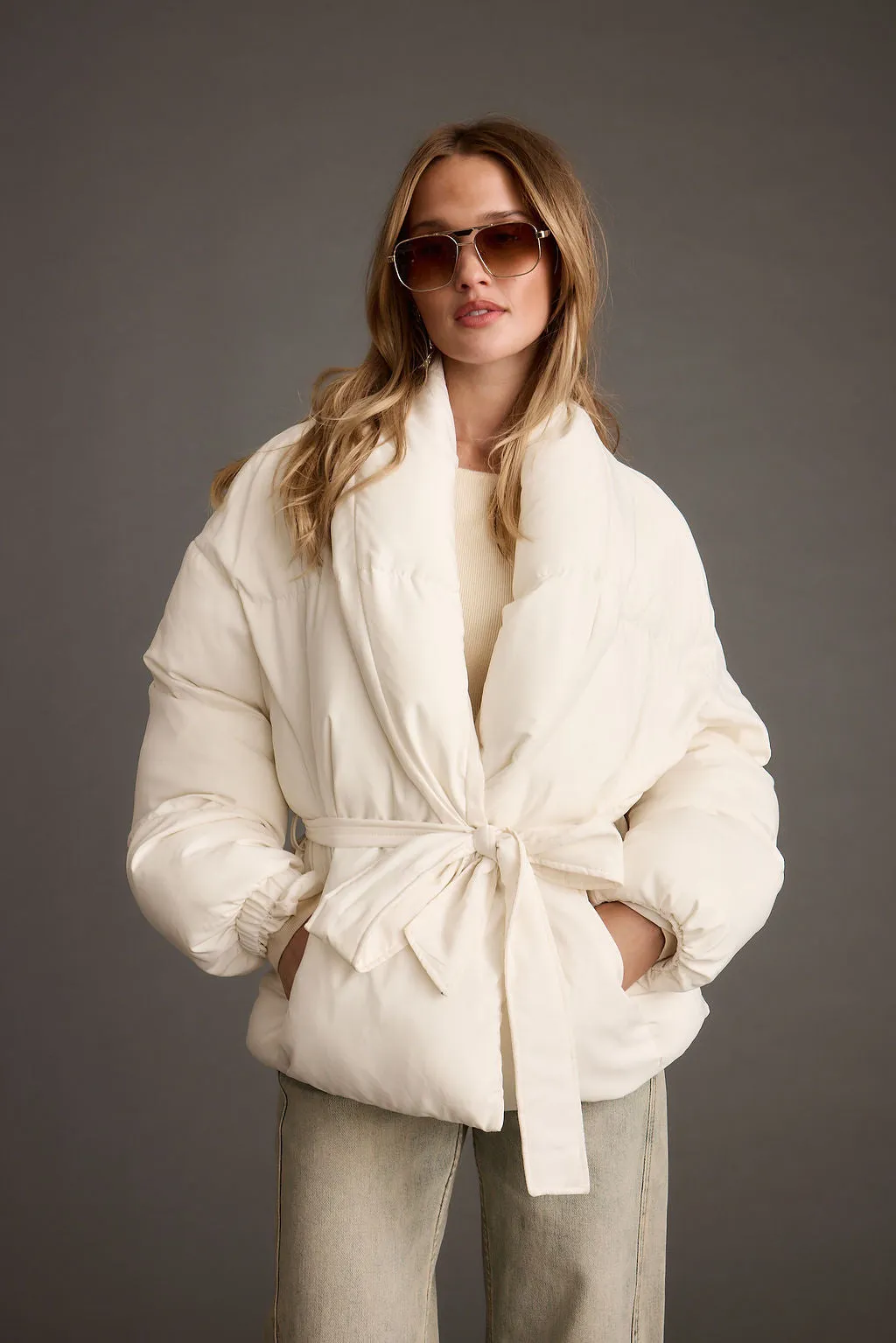 Dancing Solid Maverick White Belted Puffer Coat