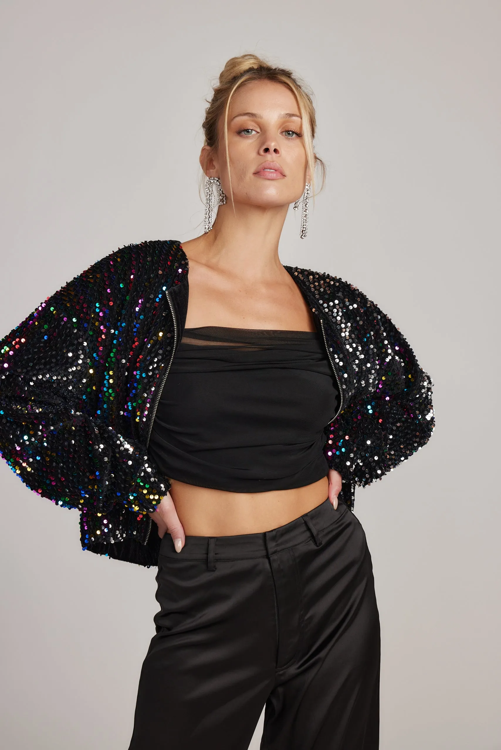 Stretch Fit Double Layered Hood Ozzy Multi Sequin Zip Up Jacket