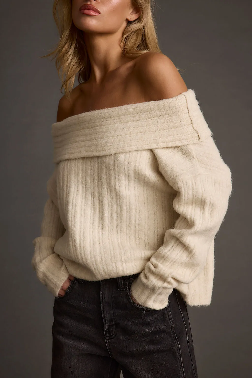 lined Luxury Brand Pamela Beige Off The Shoulder Sweater