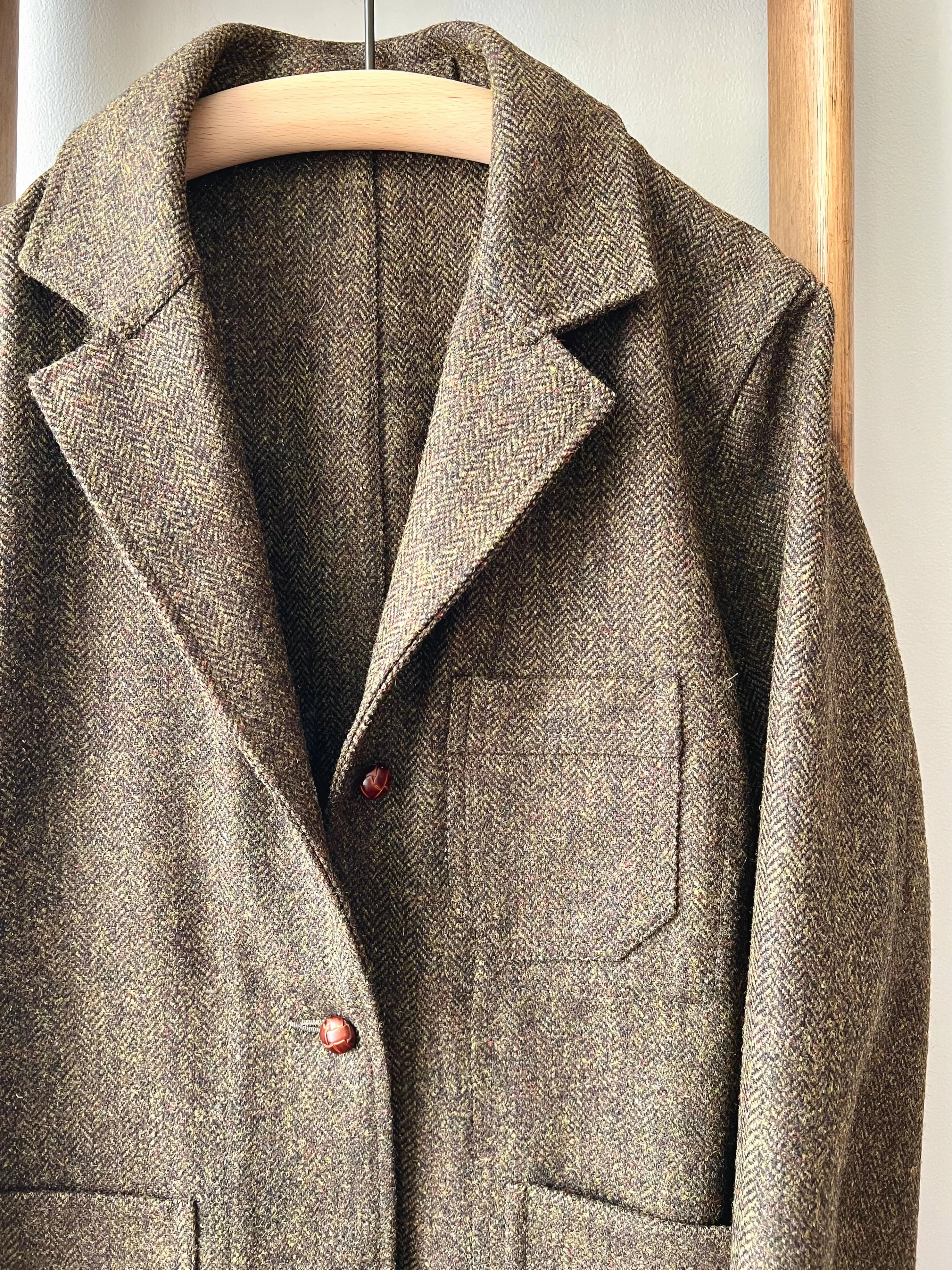 NonIrritatingLining Herringbone Cheviot Tweed Jacket / Khaki Herringbone