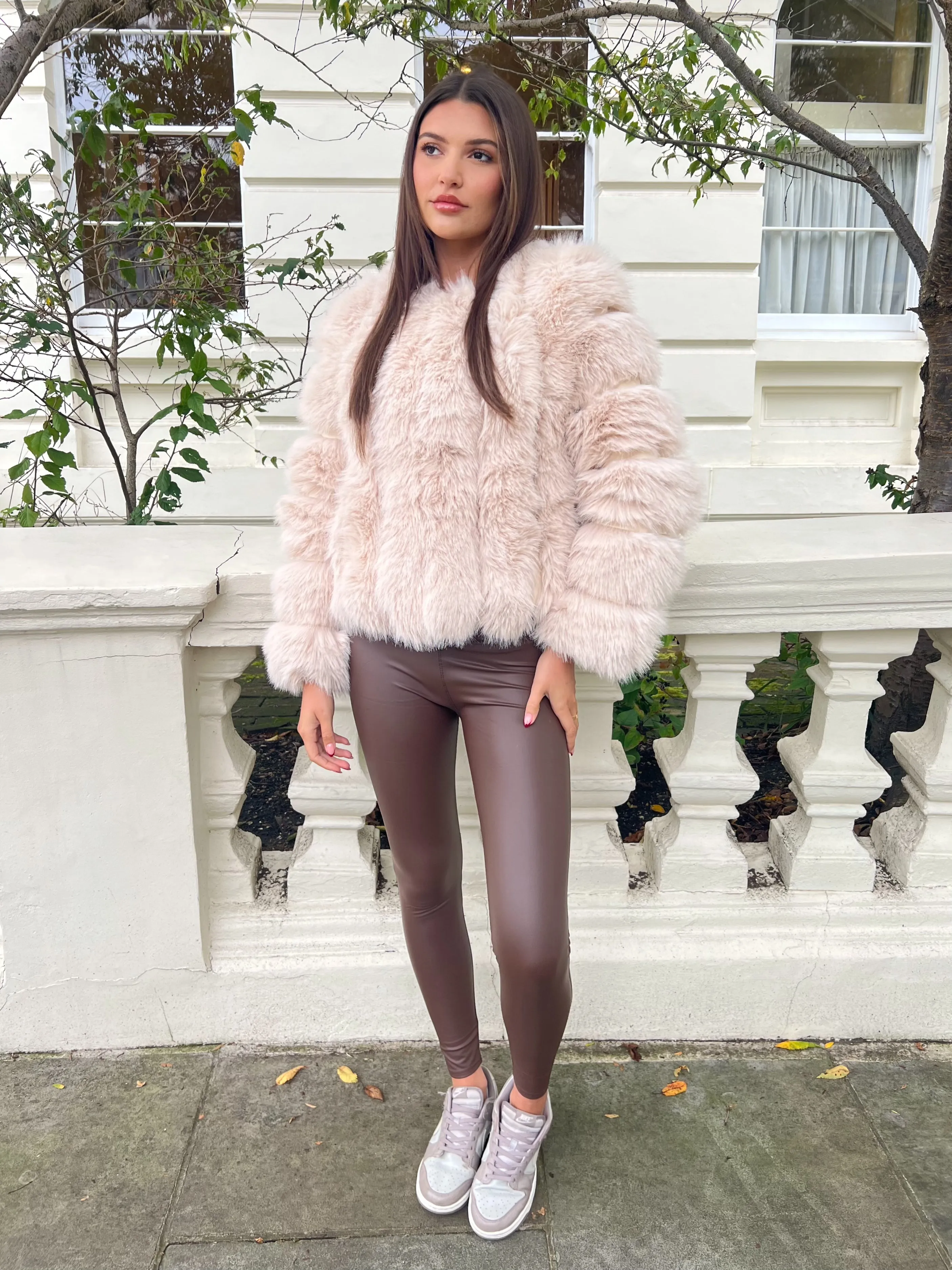 Non Irritating Seams Light Beige Vertical Design Faux Fur Coat