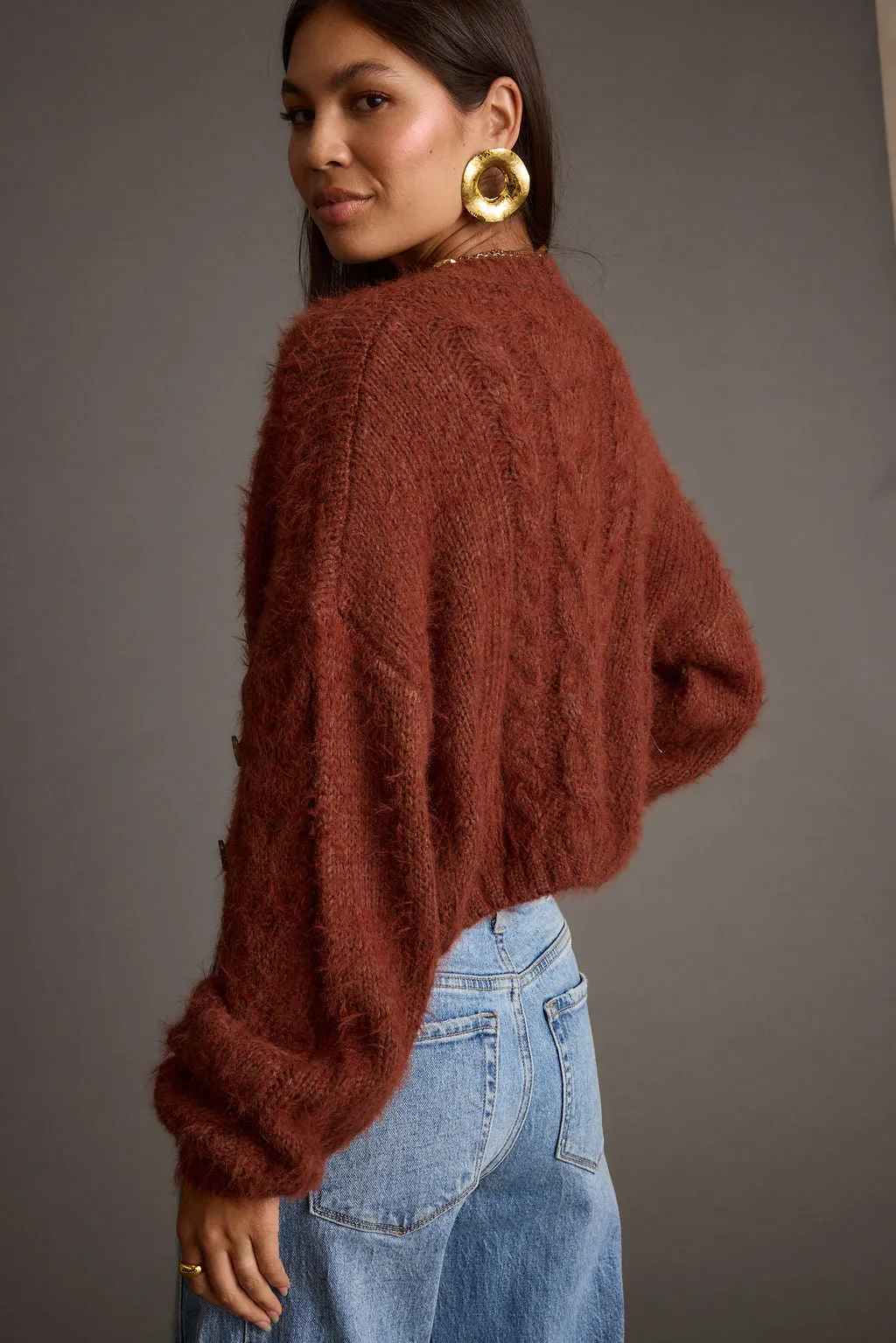 Archie Rust Cropped Cardigan Vegan Leather Accents Odor Control Fibers