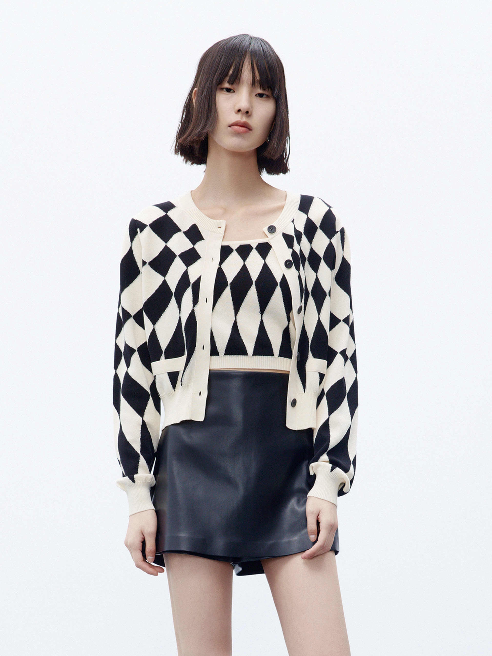 Argyle Check Cardigan with Vest Garment Shaping Panels Relaxed Comforted