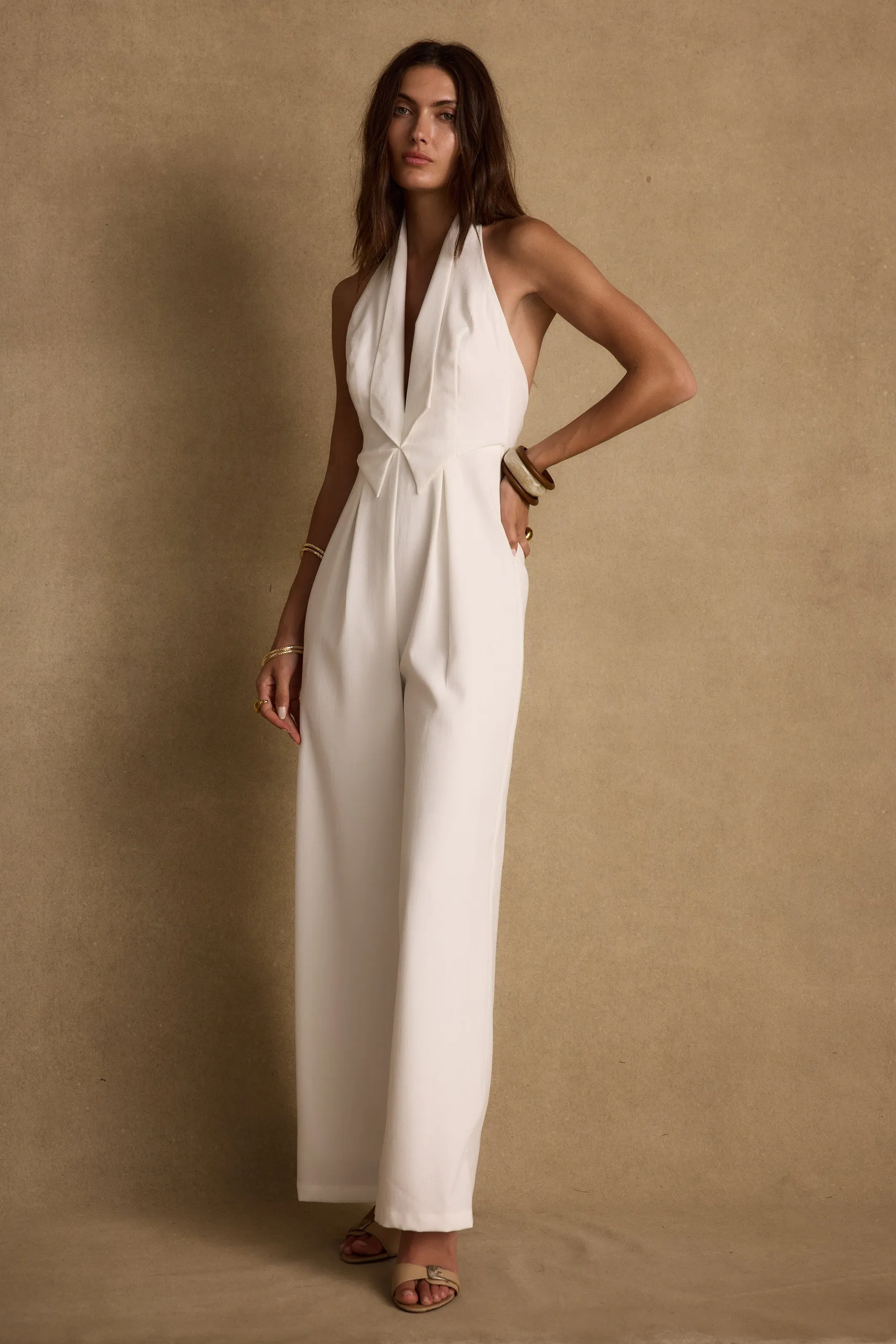 Casual chic dress Modern Layers Astoria White Plunge Halter Tailored Jumpsuit