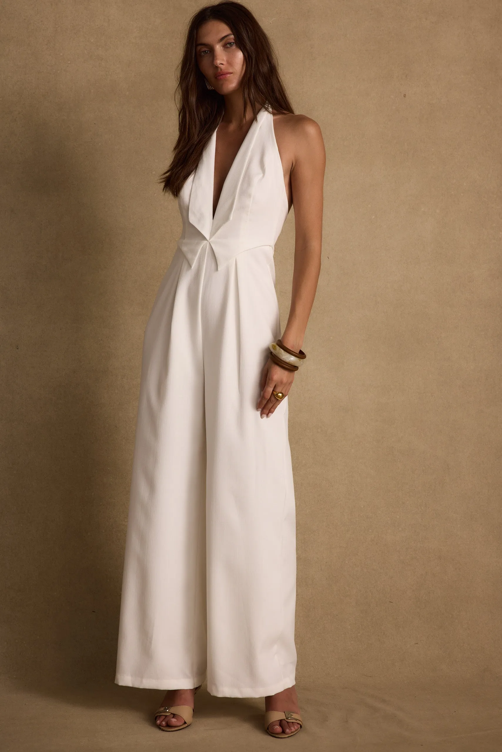 Astoria White Plunge Halter Tailored Jumpsuit Dark Tones Chic Direction