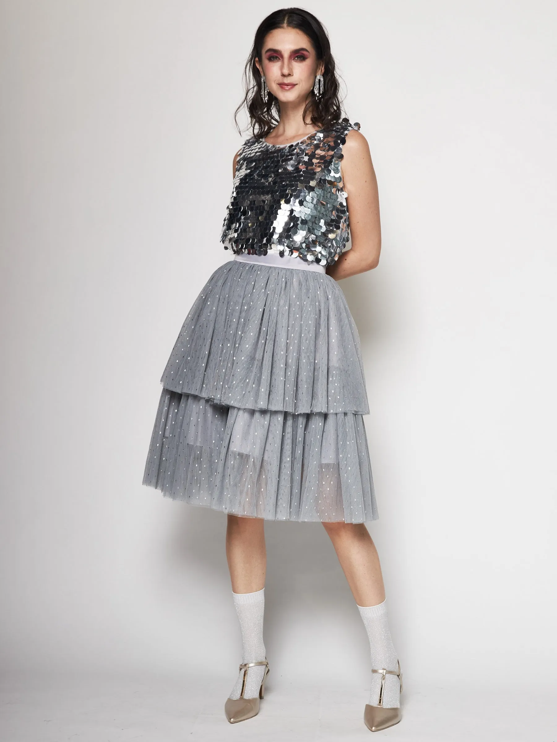Tailored Cut Breathable Material Asymmetric Tulle Midi Skirt