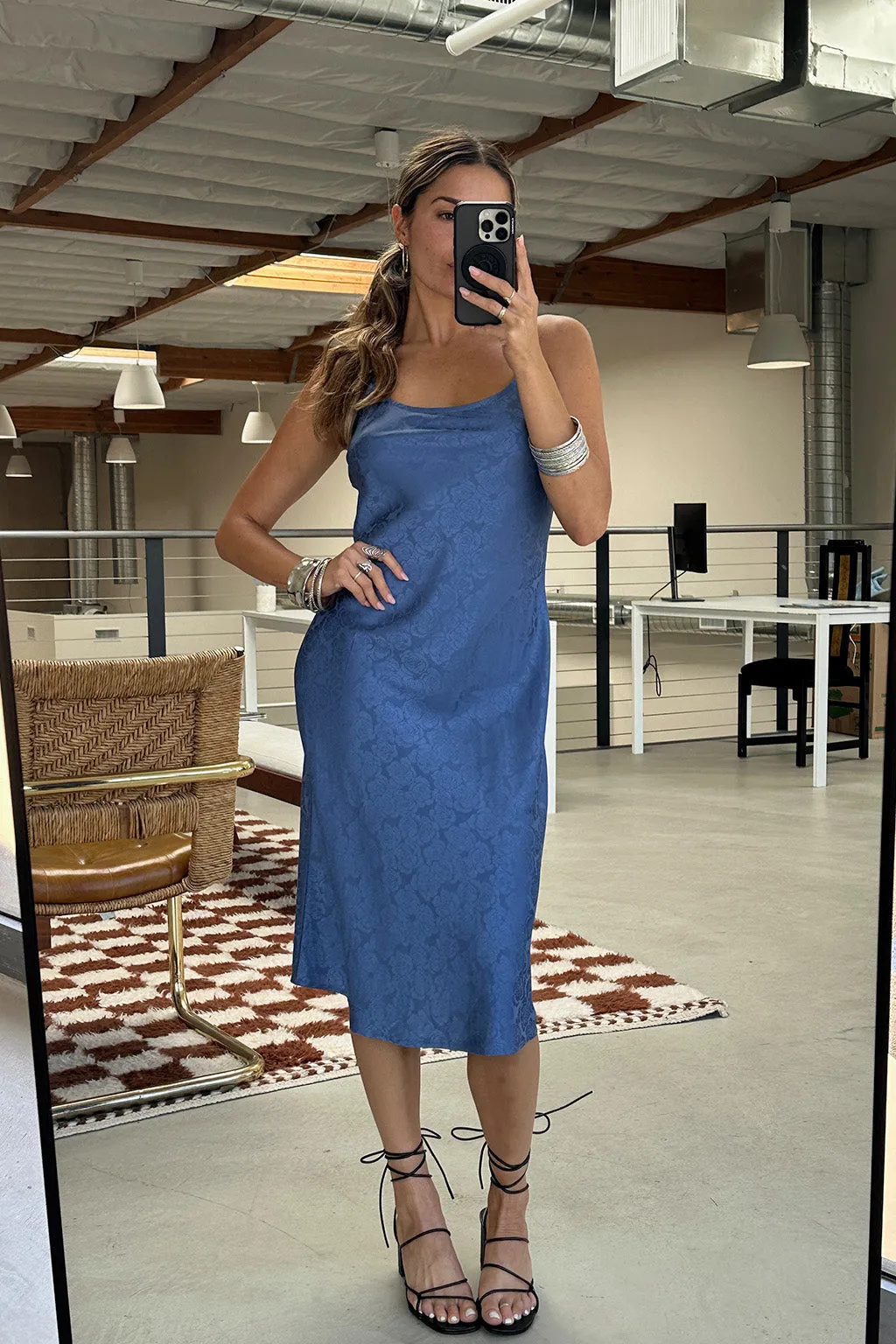 Aubrey Blue Satin Jacquard Midi Dress Romantic Mood Dinner Outfit