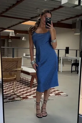 Season Ready Classic Fit Aubrey Blue Satin Jacquard Midi Dress