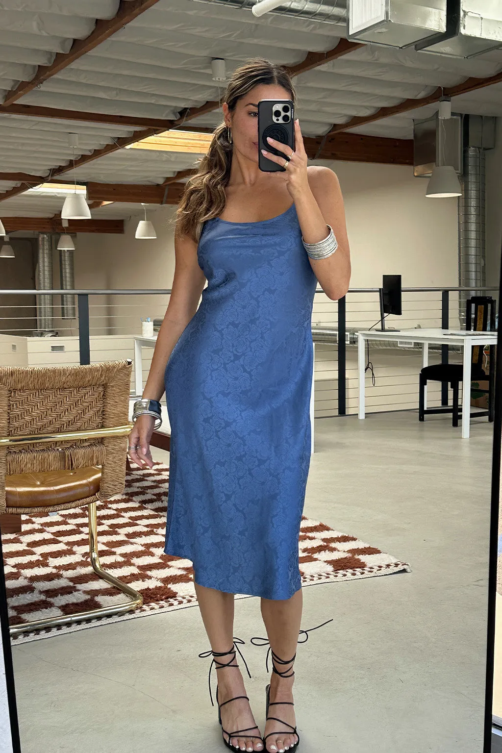 Fashionable And Functional Aubrey Blue Satin Jacquard Midi Dress