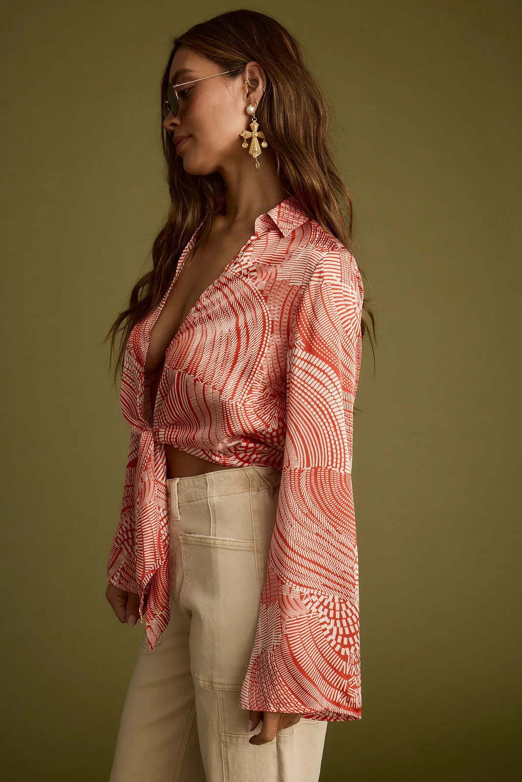 Augusta Tropical Rust Long Sleeve Tie Top Summer Bohemian
