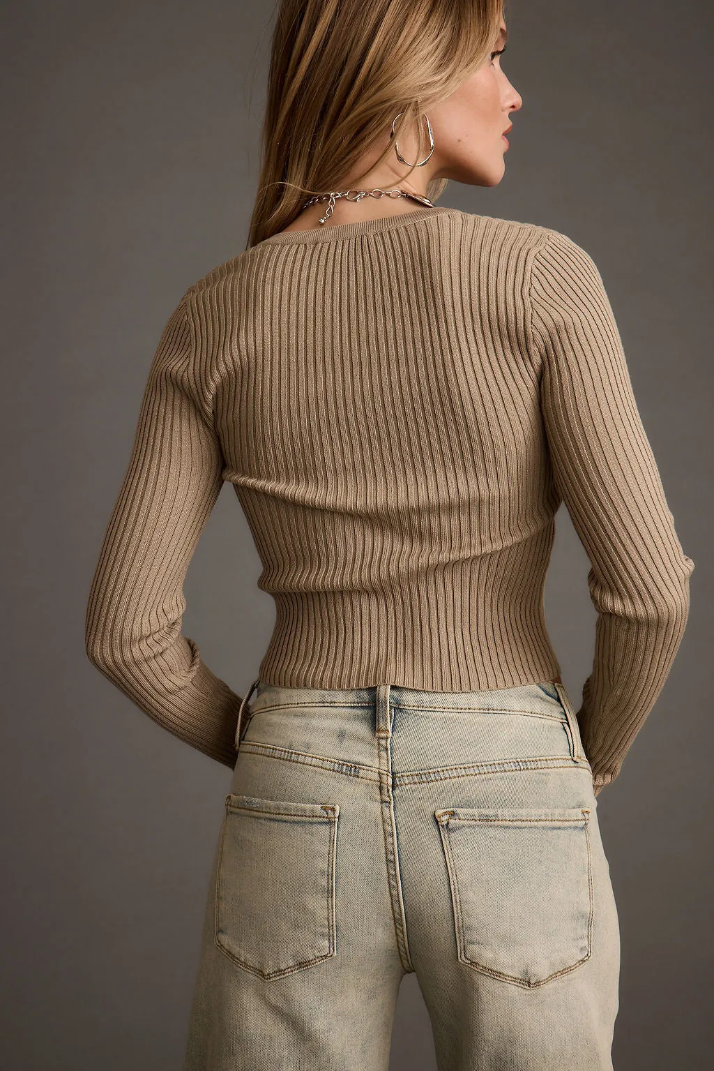 No pockets loafers Aurora Taupe Long Sleeve Ribbed Knit Top