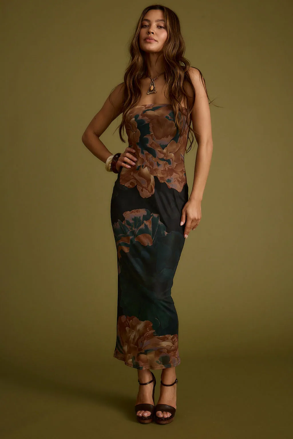 Avani Emerald Floral Strapless Maxi Dress DoubleLayeredMaterial Dew Tone