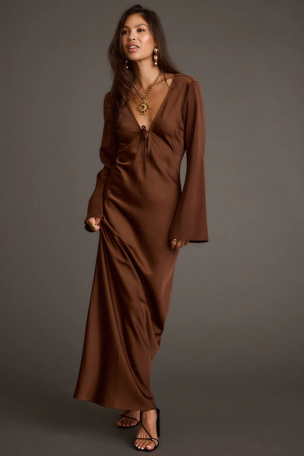 Strokes Mocha Long Sleeve Plunge Satin Maxi Dress AdjustableStraps Layered Look