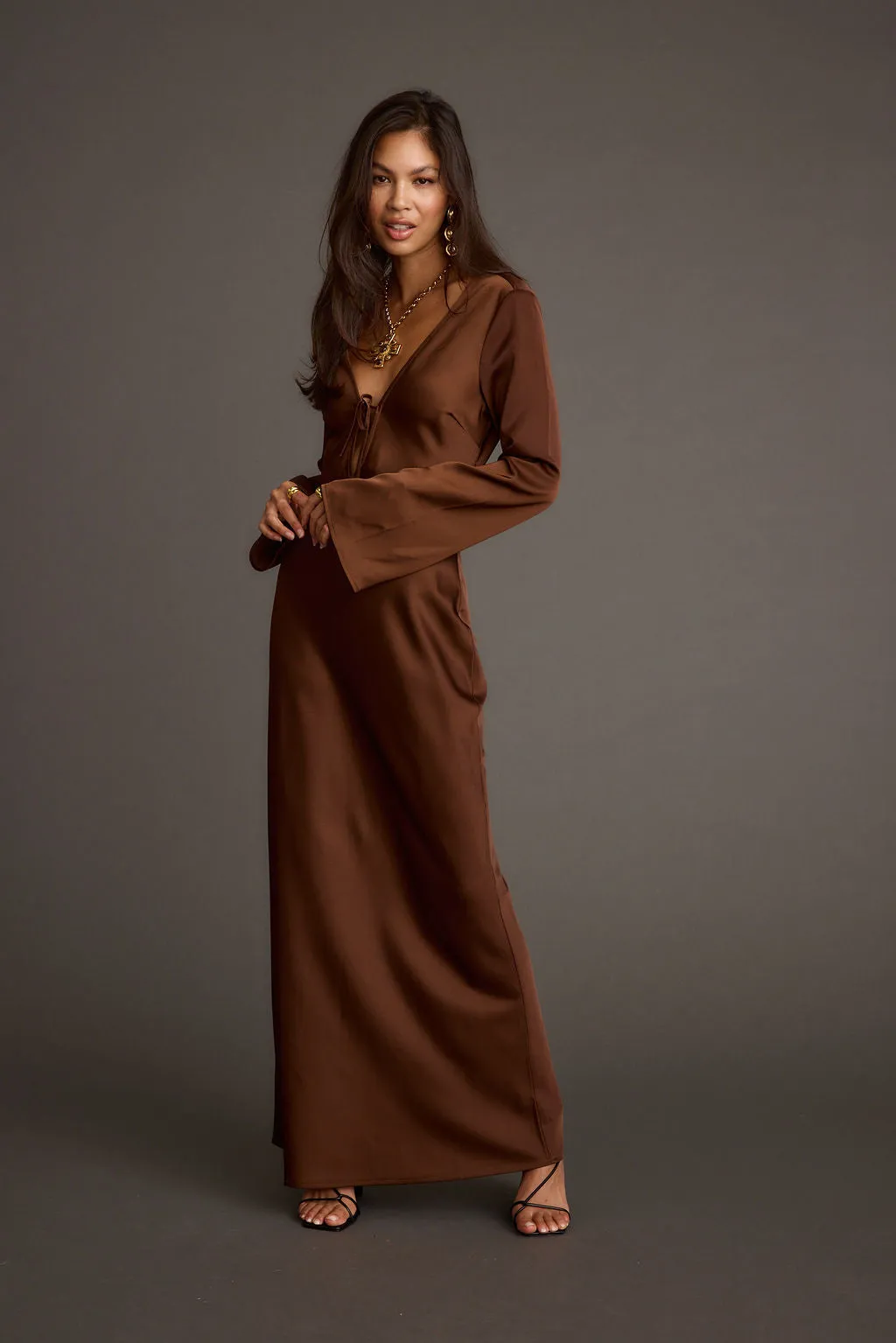 Strokes Mocha Long Sleeve Plunge Satin Maxi Dress Deep Hue Flexible Fit