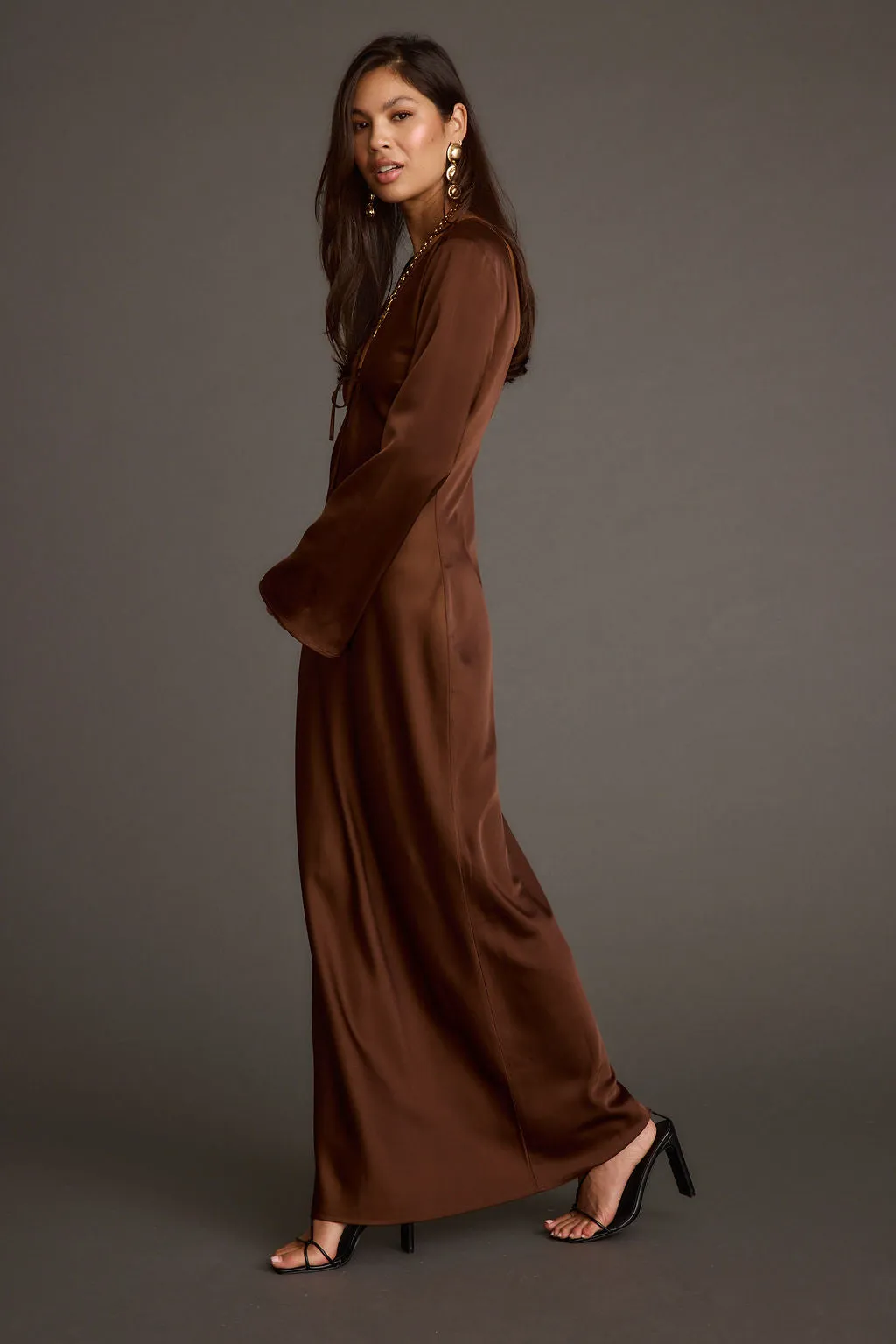 Strokes Mocha Long Sleeve Plunge Satin Maxi Dress Basic Warm