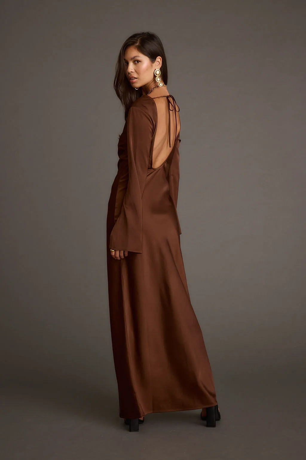 Bright Colors Strokes Mocha Long Sleeve Plunge Satin Maxi Dress