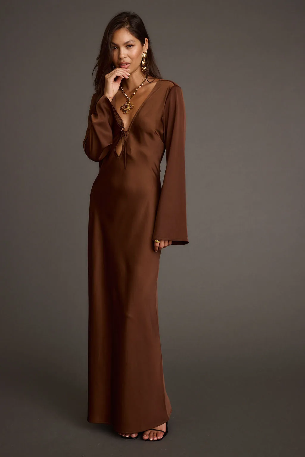 Comfortable Touch Family Glow Strokes Mocha Long Sleeve Plunge Satin Maxi Dress